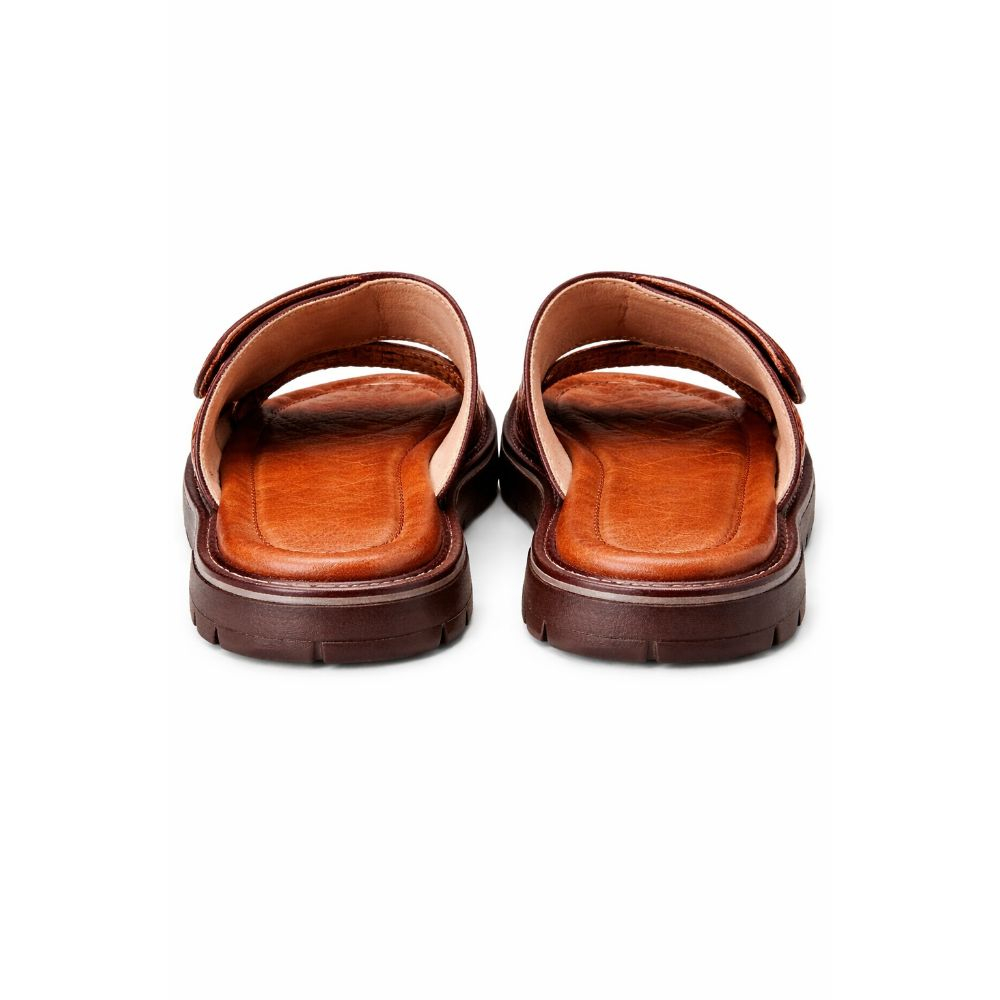 Mens Brown Leather Double Strap Slide Sandal